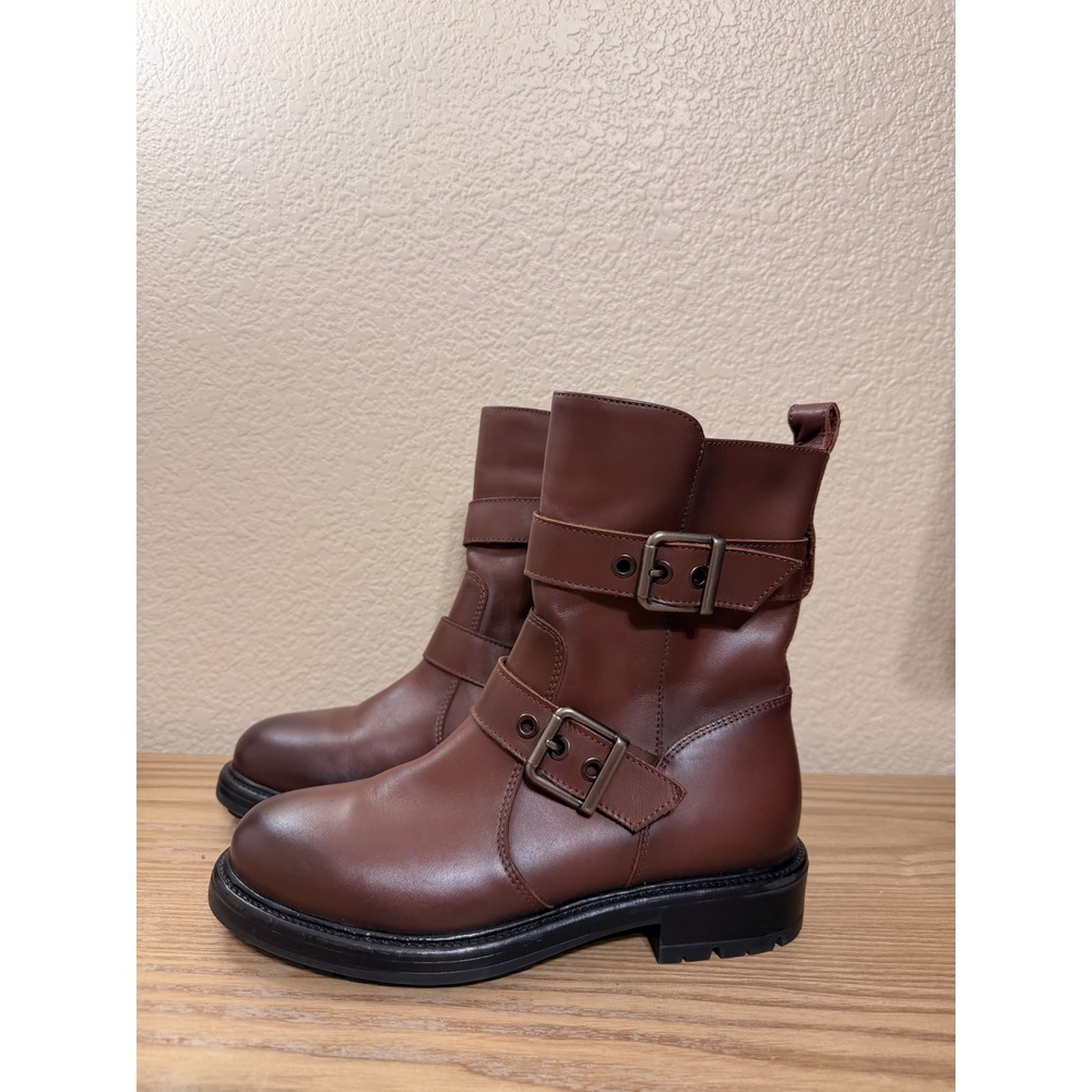La Canadienne Wyse Brown Leather Buckle Moto Boots Womens 6.5 Lug Ankle Boot